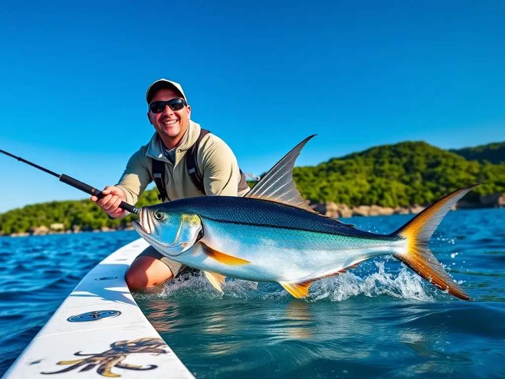 A high-quality photograph showcasing a DrakeCharters boat on a calm, sunny day, with a client reeling in a large roosterfish. The image should convey excitement and the beauty of the Costa Rican coastline.