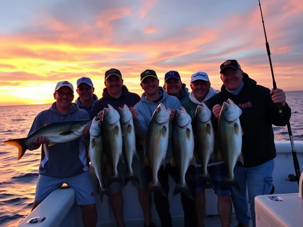 An image of a group of happy anglers on a DrakeCharters boat, holding up a variety of freshly caught fish. The photo should emphasize the camaraderie and the abundance of marine life in Bahia Drake.