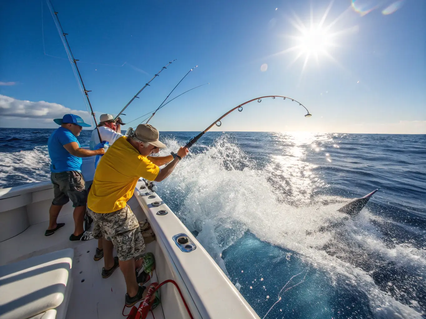 A dynamic image of a DrakeCharters boat battling a marlin in the deep sea. The photo should capture the intensity and excitement of deep-sea fishing, with the crew working together to land the fish.